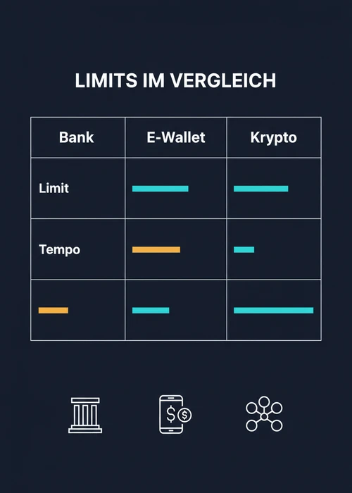 Limits im Vergleich für schnelle Auszahlung: Bank, E-Wallet und Krypto nach Limit und Tempo als Vergleichstabelle.