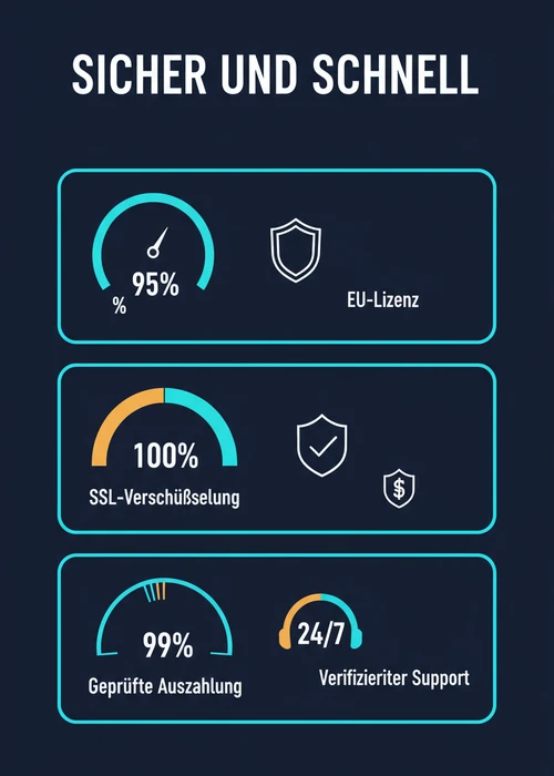 Sicher und schnell auszahlen: EU-Lizenz, SSL-Verschlüsselung, geprüfte Auszahlung und verifizierter Support als Stat-Kacheln.
